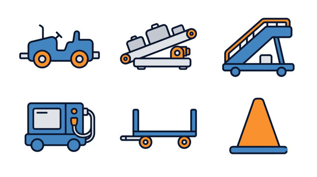 Airport icons: vehicle, stairs, conveyor belt, luggage cart, gas pump, traffic cone