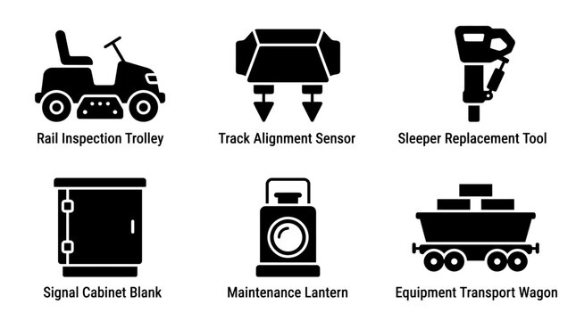 Railway maintenance tools: trolley, sensors, sleeper tools, and transport equipment icons
