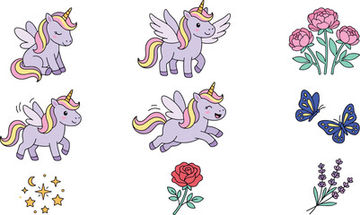 Naklejka premium Cute Cartoon Unicorn and Pegasus Vector Set with Magical Elements, Flowers, Butterflies, and Sparkly Stars for Kids' Birthday and Fantasy Graphic Designs