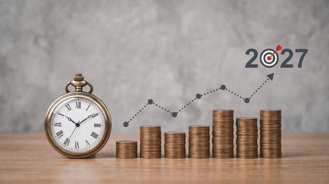 Financial growth strategy planning clock with stacked coins and digital target goal year 2027 trend line