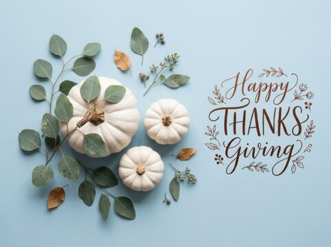 Flat lay composition with white pumpkins and eucalyptus leaves for a festive happy thanksgiving holiday greeting