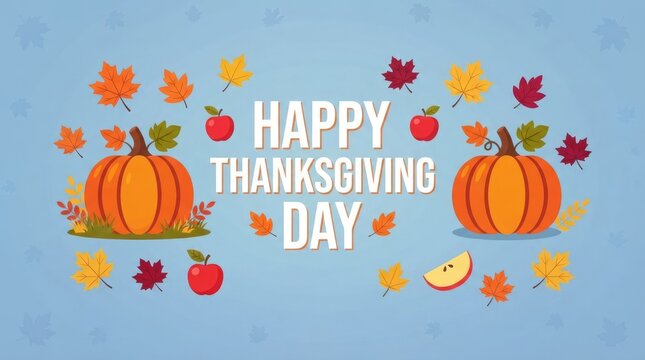 Happy thanksgiving day greeting card design with pumpkins and colorful autumn leaves on a blue background