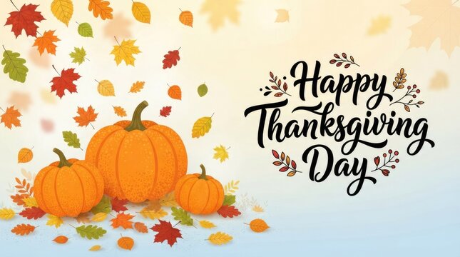 Happy thanksgiving day greeting card with orange pumpkins and colorful autumn leaves on a light background