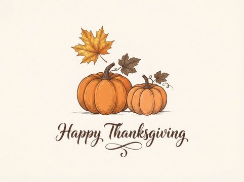 Beautiful hand drawn illustration of pumpkins and autumn leaves for a festive happy thanksgiving holiday greeting