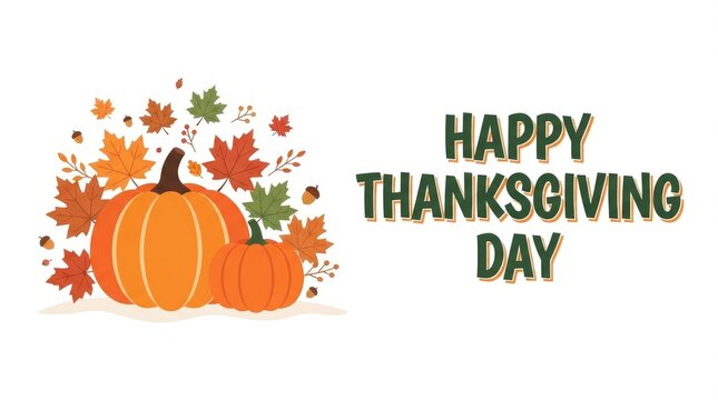 Happy thanksgiving day greeting card design featuring colorful autumn leaves and orange pumpkins on white background