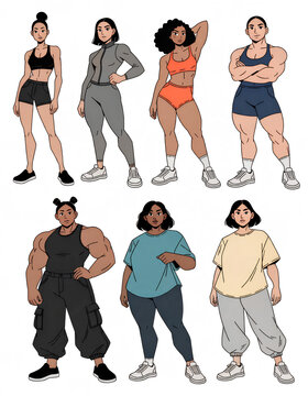 Illustrated Comparison Chart Of Seven Different Female Body Types From Slim And Toned To Athletic Muscular And Curvy Shown In Matching Standing Fitness Poses In Two Neat Rows