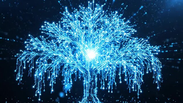 Glowing digital tree made of fiber optic lights.