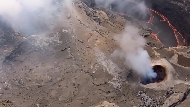 Erta Ale volcano, View of the glowing lava lake inside the crater, with molten rock patterns and dark volcanic rock walls in Zone 2, Afar, Ethiopia.