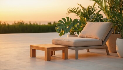 Fototapeta premium Luxurious Contemporary Outdoor Lounge Seating with Natural Greenery Amidst a Serene Golden Hour Sunset Glow Evoking Tranquility and Sophistication for Elevated Relaxation.