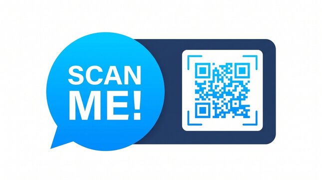 Digital qr code scanner button symbol with blue speech bubble and scan me text call to action with technology