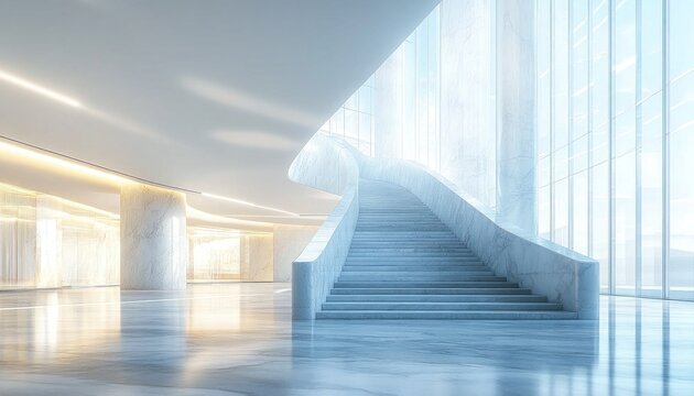 Minimalist marble stairs in light filled, modern corporate building interior. Ideal for conveying sophistication, innovation, and architectural excellence.