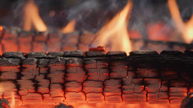 Close-up of burning wood logs with glowing embers and smoke