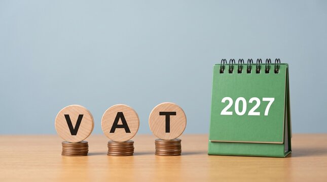 Value added tax planning concept with wooden tokens and green calendar for year 2027 financial forecast