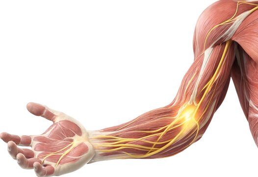 Detailed anatomical illustration showing ulnar nerve compression and cubital tunnel syndrome in the human arm, highlighting neuropathic pain, inflammation, diagnosis, treatment, anatomy.