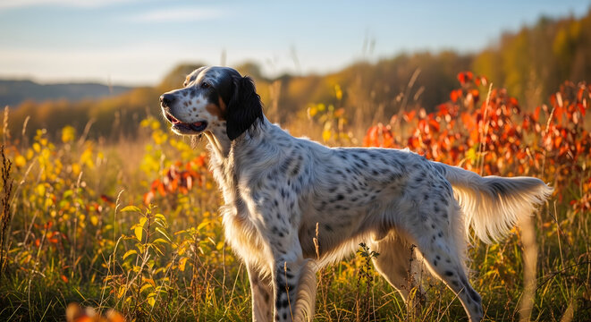 English Setter dog standing outdoors in a sunny autumn field