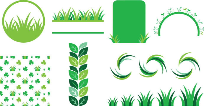 Green Eco Grass and Leaf Element Vector Set with Frames, Borders, Seamless Patterns, and Symbols for Nature and Environmental Branding Graphic Designs