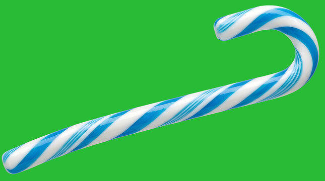 Blue and White Striped Candy Cane Isolated on Green Background