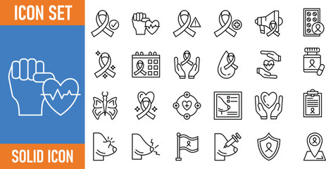 Fototapeta premium Awareness ribbon icon set solid outline symbols for health campaigns and support.