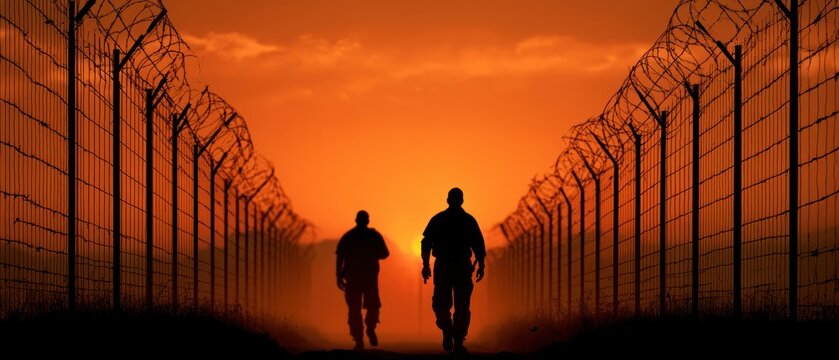 Two silhouettes walk towards a fiery sunset between barbed wire fences