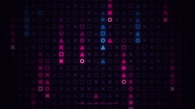 Neon blue and vibrant pink geometric symbols illuminate a dark abyss while creating a rhythmic pattern that represents the interactive nature of modern entertainment hardware for avid console