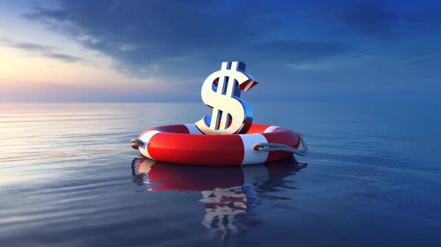 Dollar symbol on lifebuoy floating in calm ocean at sunset