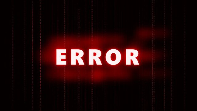 A glowing red warning sign displaying the word error radiates through a dark glitchy digital screen surface representing technical system failure issues within an unstable network infrastructure