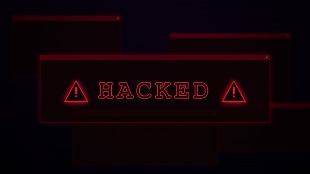 A glowing red terminal window displays an urgent alert message warning that the computer system has been compromised by malicious software activity during a severe digital network security