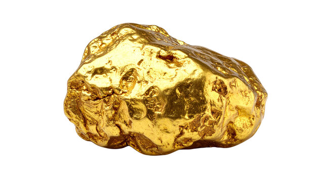 A large natural raw gold nugget with realistic metallic texture and irregular shape, isolated on transparent background, PNG.