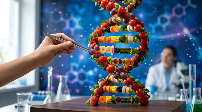 Nutrigenomics concept with hand editing DNA double helix made of fresh healthy fruits and vegetables in lab