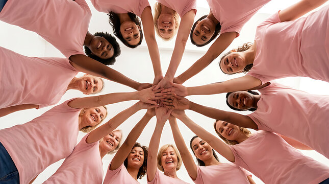 Diverse group of women joining hands in a circle as a symbol of unity and support for breast cancer awareness