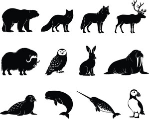 Set of black silhouettes of arctic animals including polar bear fox wolf reindeer owl seal and narwhal © FARZANAAKTER