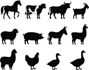 Naklejka premium Set of black silhouettes of various farm animals isolated on a white background for design projects