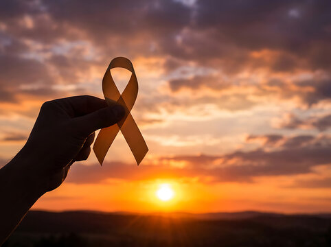 Hand holding a yellow ribbon against a sunset sky