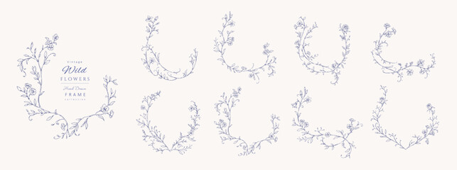 Obraz premium Set of floral whimsical or rococo frames for logo or wedding monogram. Vintage flowers and botanical calligraphy for packaging, greeting card