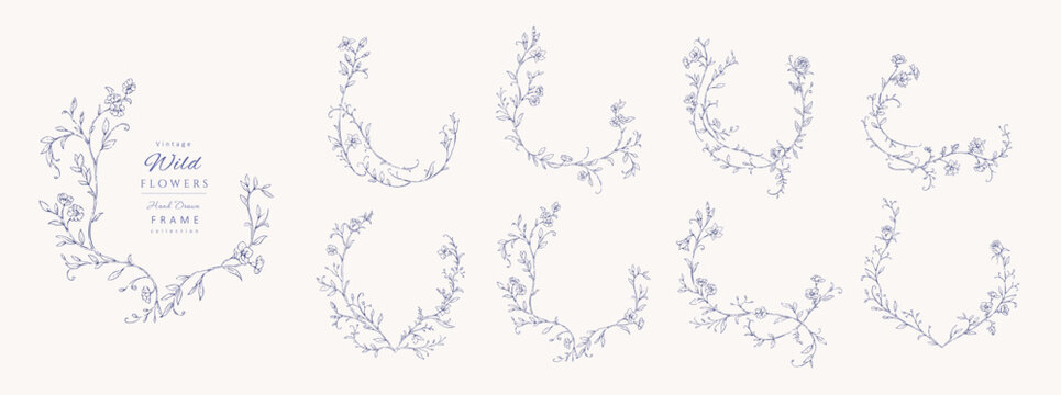 Set of floral whimsical or rococo frames for logo or wedding monogram. Vintage flowers and botanical calligraphy for packaging, greeting card