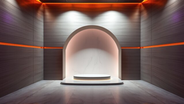 Minimalist interior features arched alcove, soft lighting, gray tones. Clean lines create modern, serene space. Focus on pedestal display.