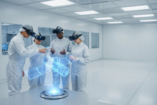 Virtual reality augmented reality hologram satellite aerospace engineer laboratory white room innovation teamwork Futuristic laboratory scene shows diverse Virtual reality education concept