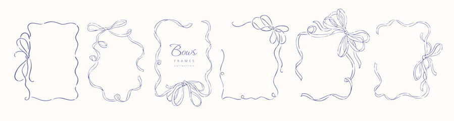 Obraz premium Set of ribbons and bows frames. Hand drawn linear doodle design elements for decoration celebration, save the date card