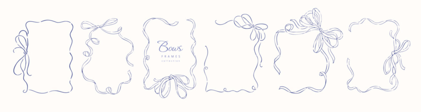 Set of ribbons and bows frames. Hand drawn linear doodle design elements for decoration celebration, save the date card