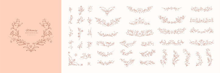 Obraz premium Set of whimsical doodle drawing various flowers design elements. Botanical floral collection for wedding invitation, wallpaper art or save the date