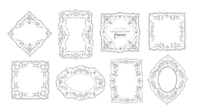 Set of cottagecore floral lace frame. Vintage dollies napkin with floral elements for wedding invitations or collage. Elegant embroidery handkerchief, hand drawn