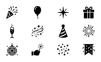 Fototapeta premium Celebration Icons Set: Festive Party Graphics, Birthday Symbols, New Year's Eve Elements, Vector Graphics for Event Design