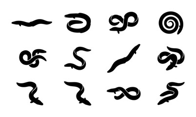Fototapeta premium Set of 12 Black Eel Silhouettes, Aquatic Wildlife Vector Icons, Marine Animal Shapes for Science and Nature Designs