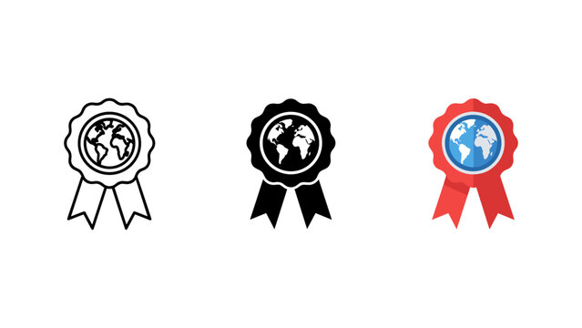 World map award ribbon badge icon set with achievement international illustration business recognition celebration