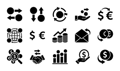 Obraz premium Business Finance Icons Set: Money Exchange, Investment Growth, Global Transactions, and Financial Transactions Vector Graphics