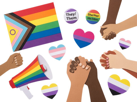 LGBTQ+ Pride Progress Flag, Megaphone, and Diverse Hands-(Bendera Kemajuan LGBTQ+ Pride, Megafon, dan Berbagai Tangan)