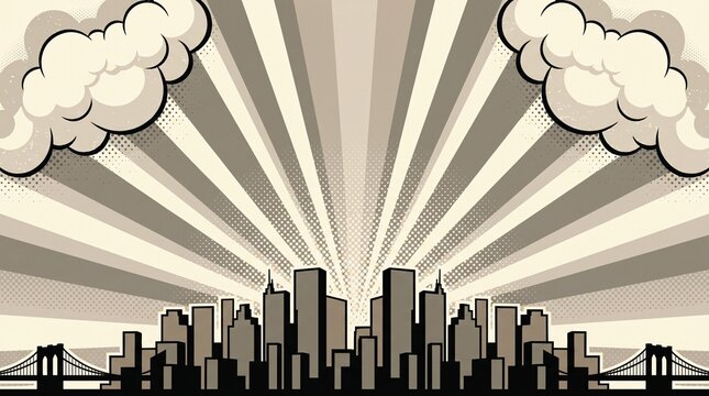 Warm beige city skyline featuring vintage burst rays and comic clouds. Ideal for retro branding, architecture presentations, travel posters, and editorial design.