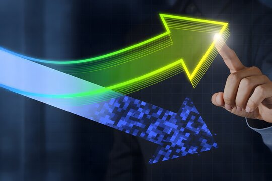 Business operational changes. Successful business turnaround and performance recovery. Businessperson tapping a rising arrow.