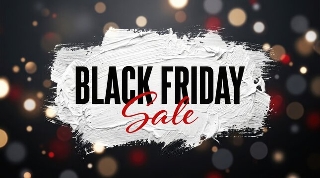 Black friday sale promotional banner featuring bold typography on a white paint brush stroke background with festive glowing bokeh light effects