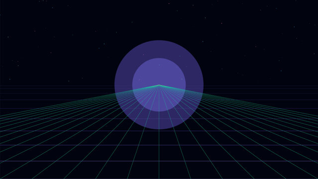 Retro neon grid landscape bundle featuring a glowing purple sun and digital horizon light effect for synthwave art